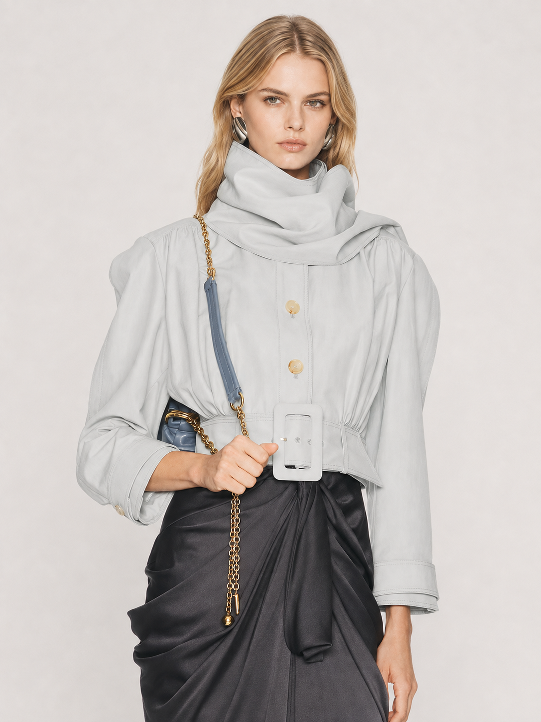 Sculpted Scarf-Collar Belted Cropped Jacket