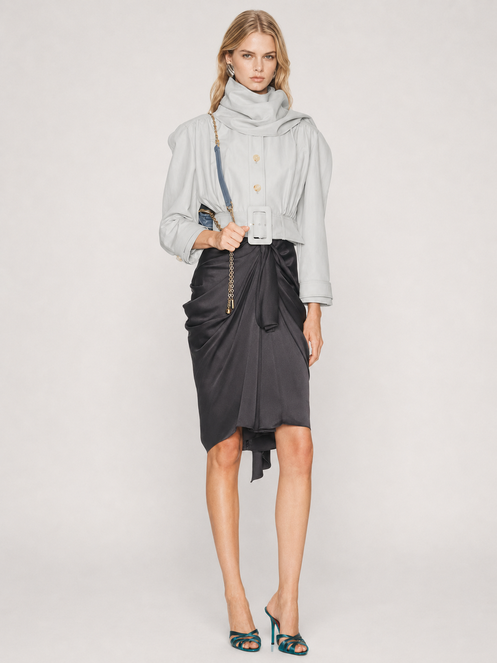 Sculpted Scarf-Collar Belted Cropped Jacket