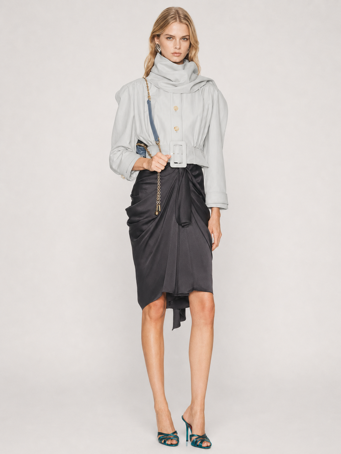 Sculpted Scarf-Collar Belted Cropped Jacket