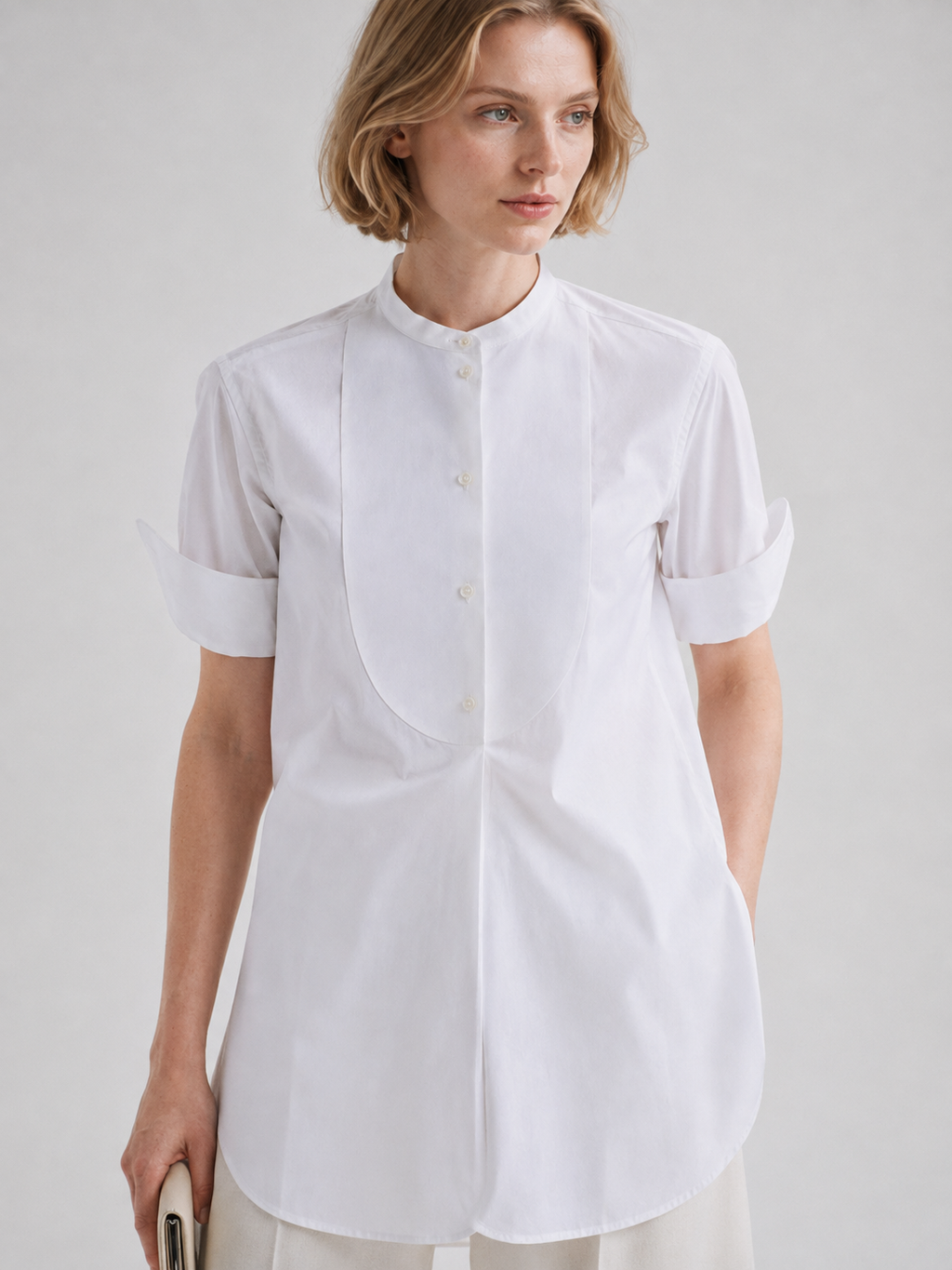Mandarin Collar Short-Sleeve Shirt