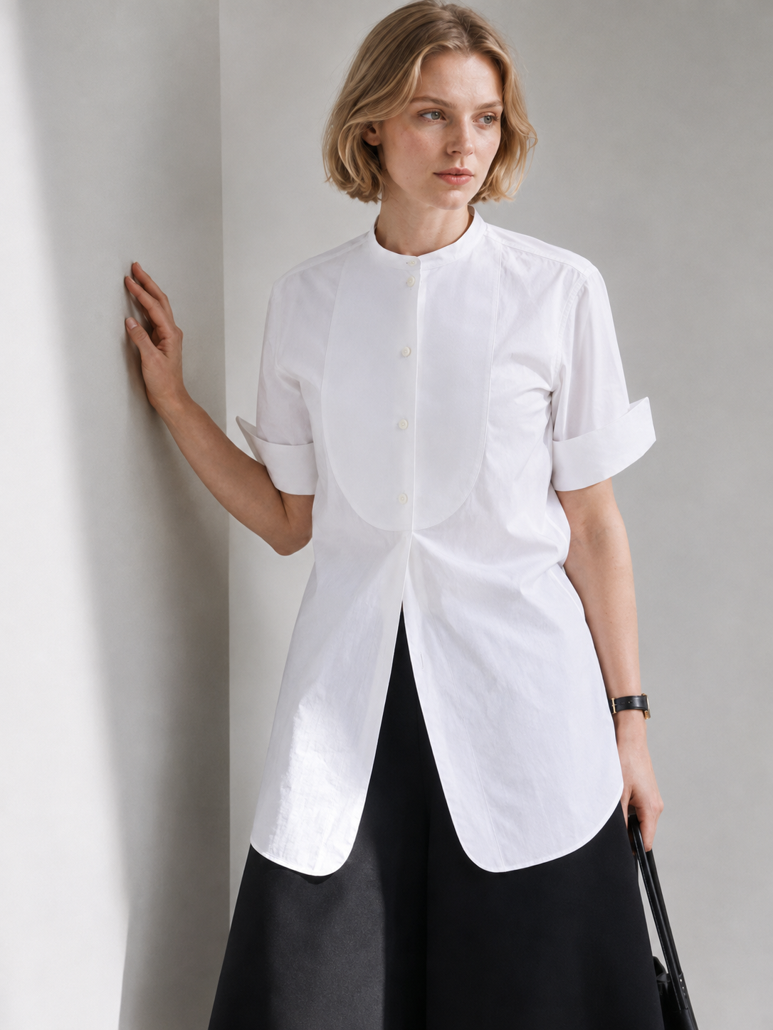 Mandarin Collar Short-Sleeve Shirt