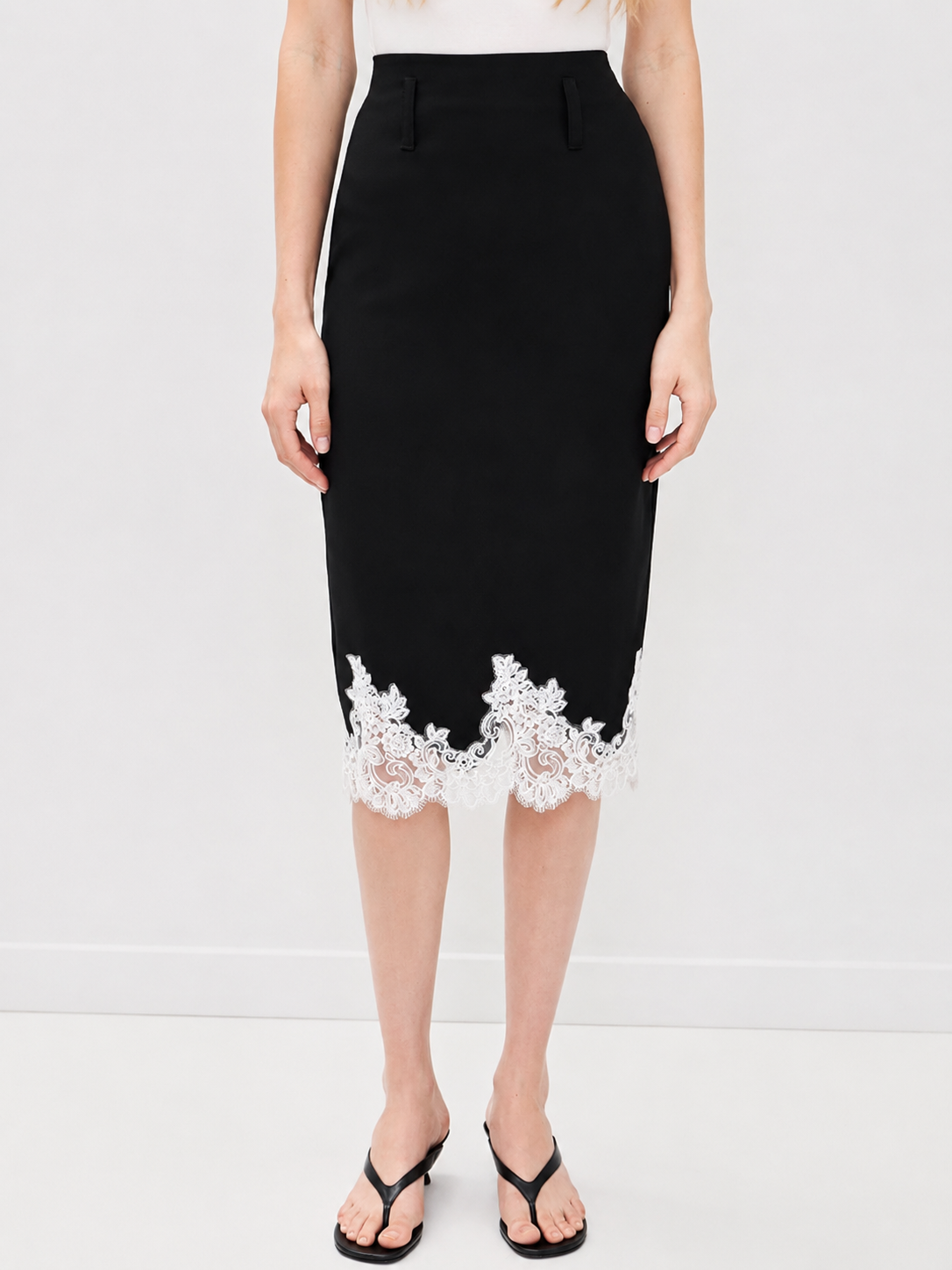 Contrast Lace Trim Midi Skirt