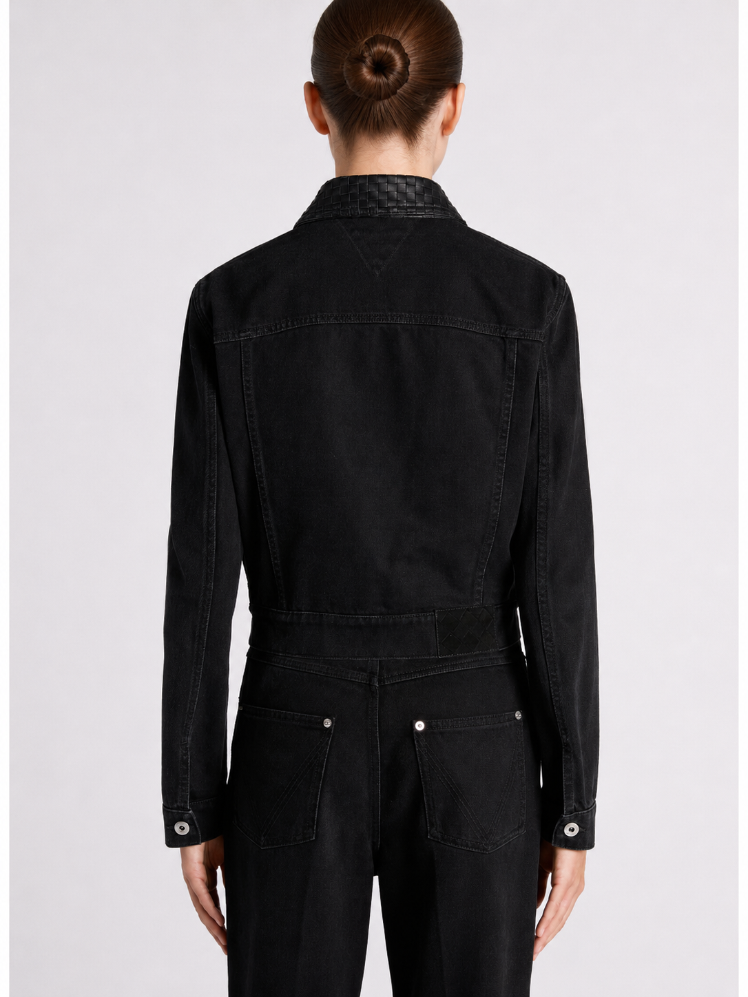 Woven Collar Black Denim Jacket
