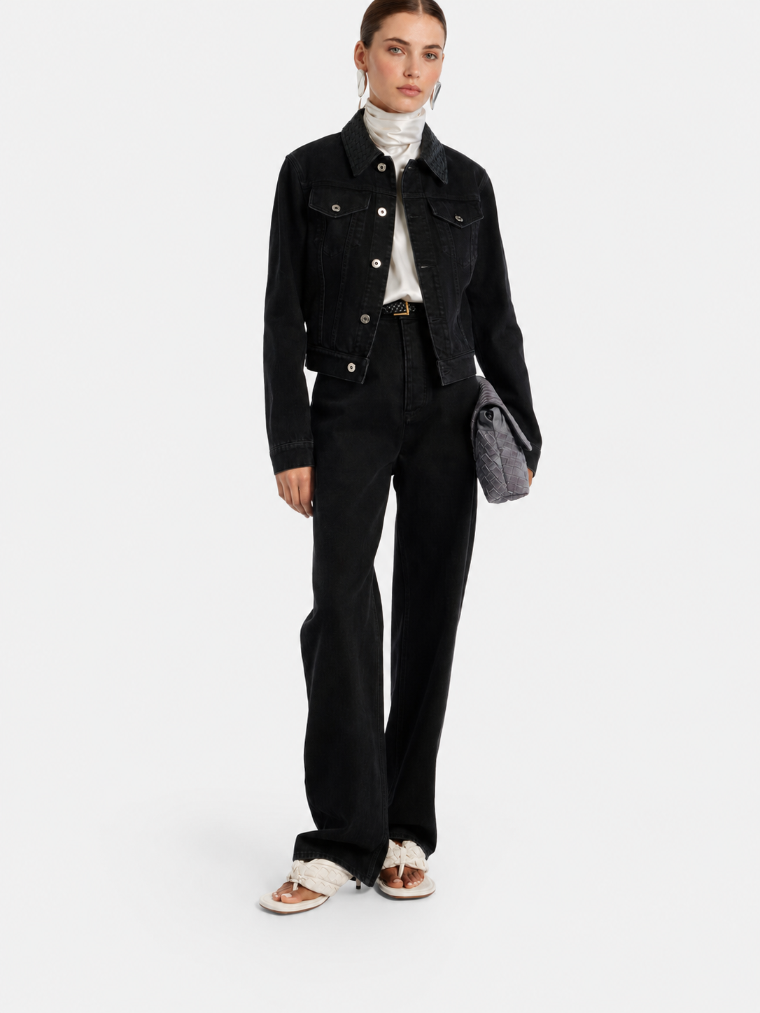 Woven Collar Black Denim Jacket