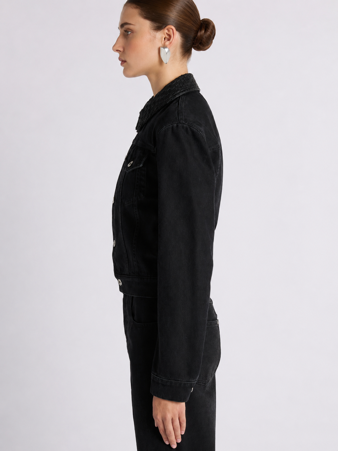 Woven Collar Black Denim Jacket