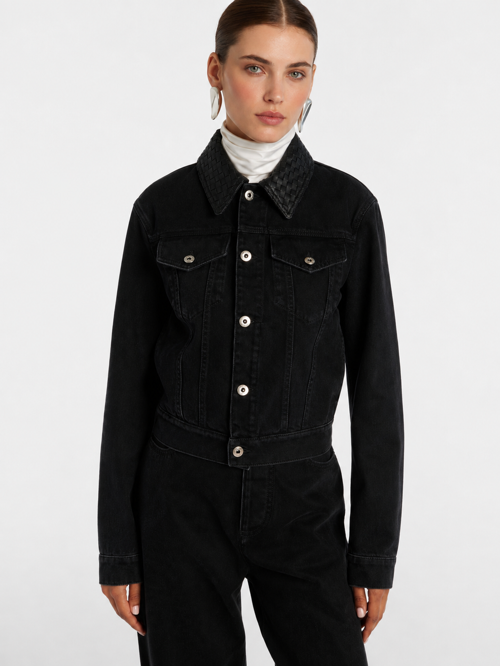 Woven Collar Black Denim Jacket