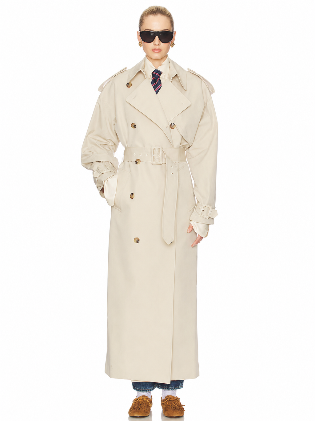 Double-Breasted Belted Long Trench Coat
