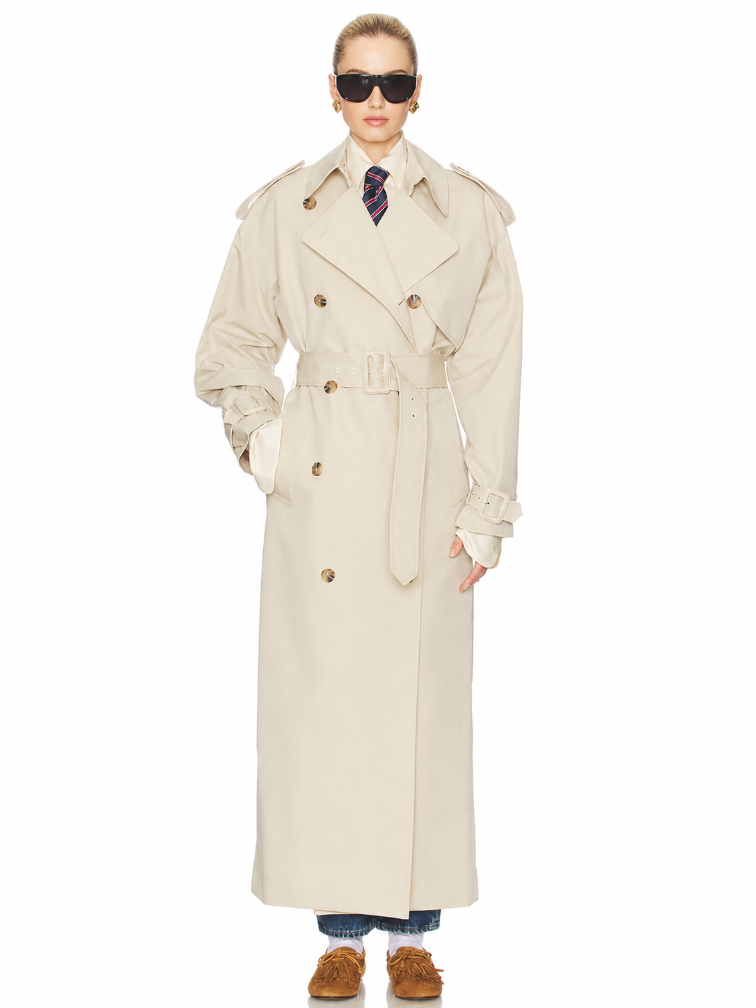 Double-Breasted Belted Long Trench Coat