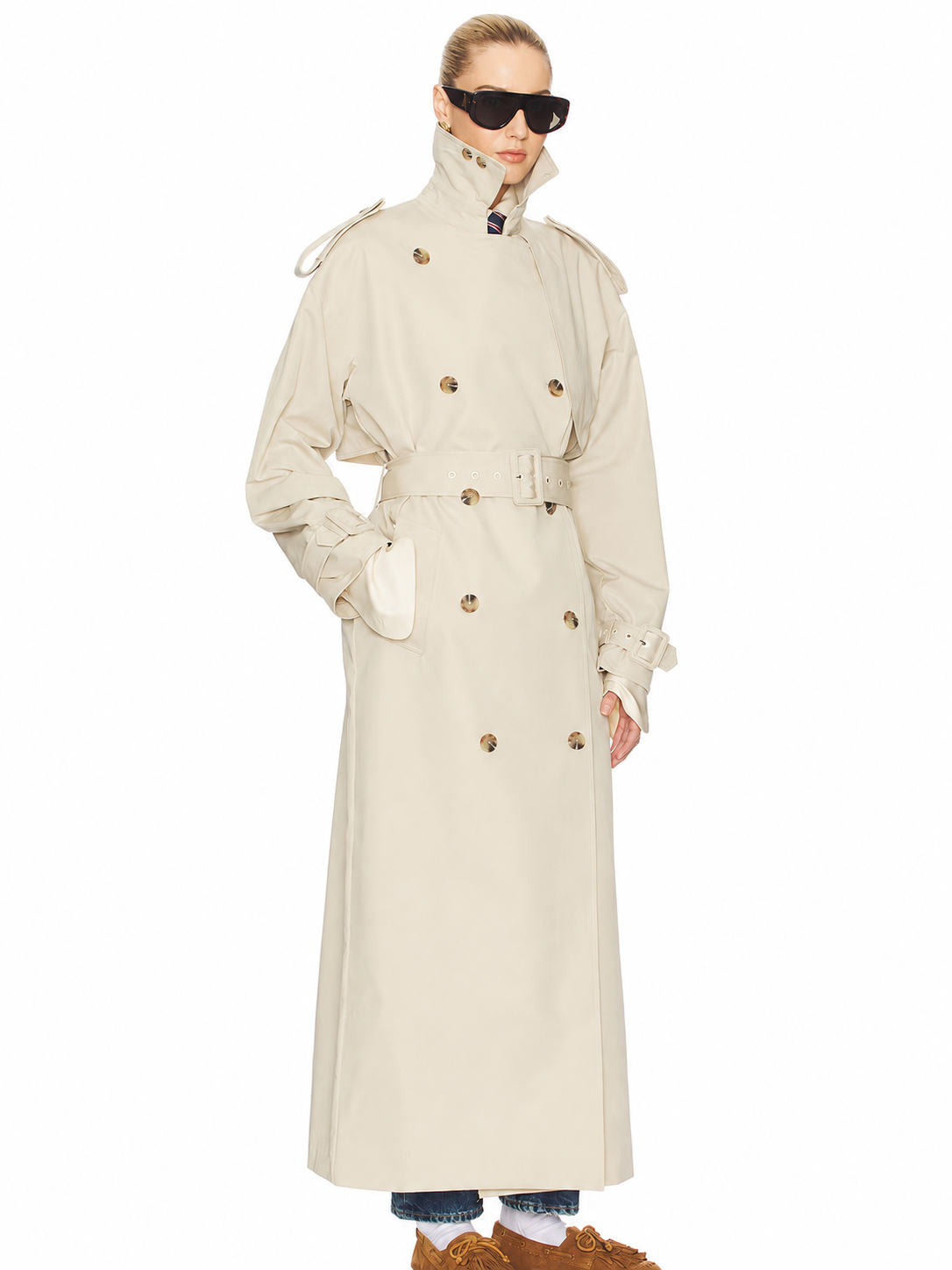 Double-Breasted Belted Long Trench Coat