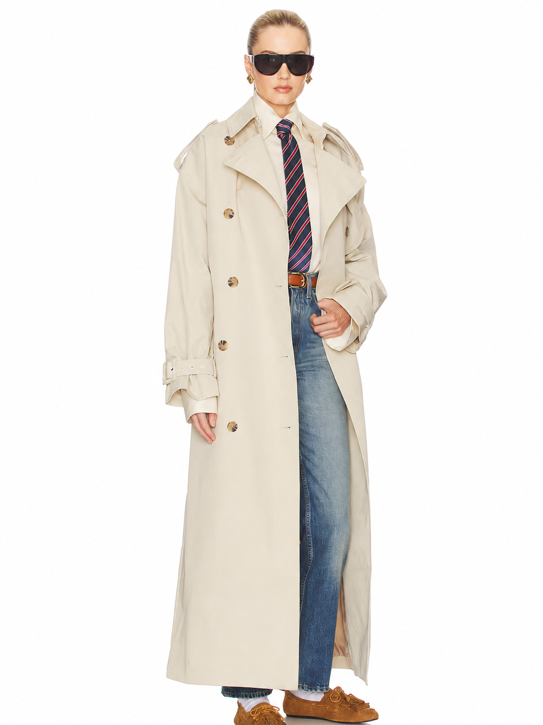 Double-Breasted Belted Long Trench Coat