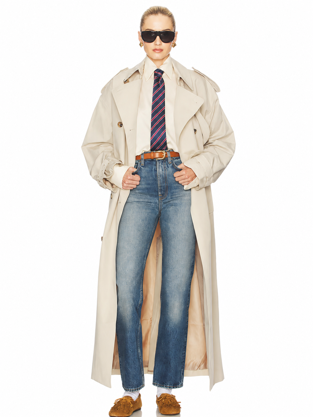 Double-Breasted Belted Long Trench Coat
