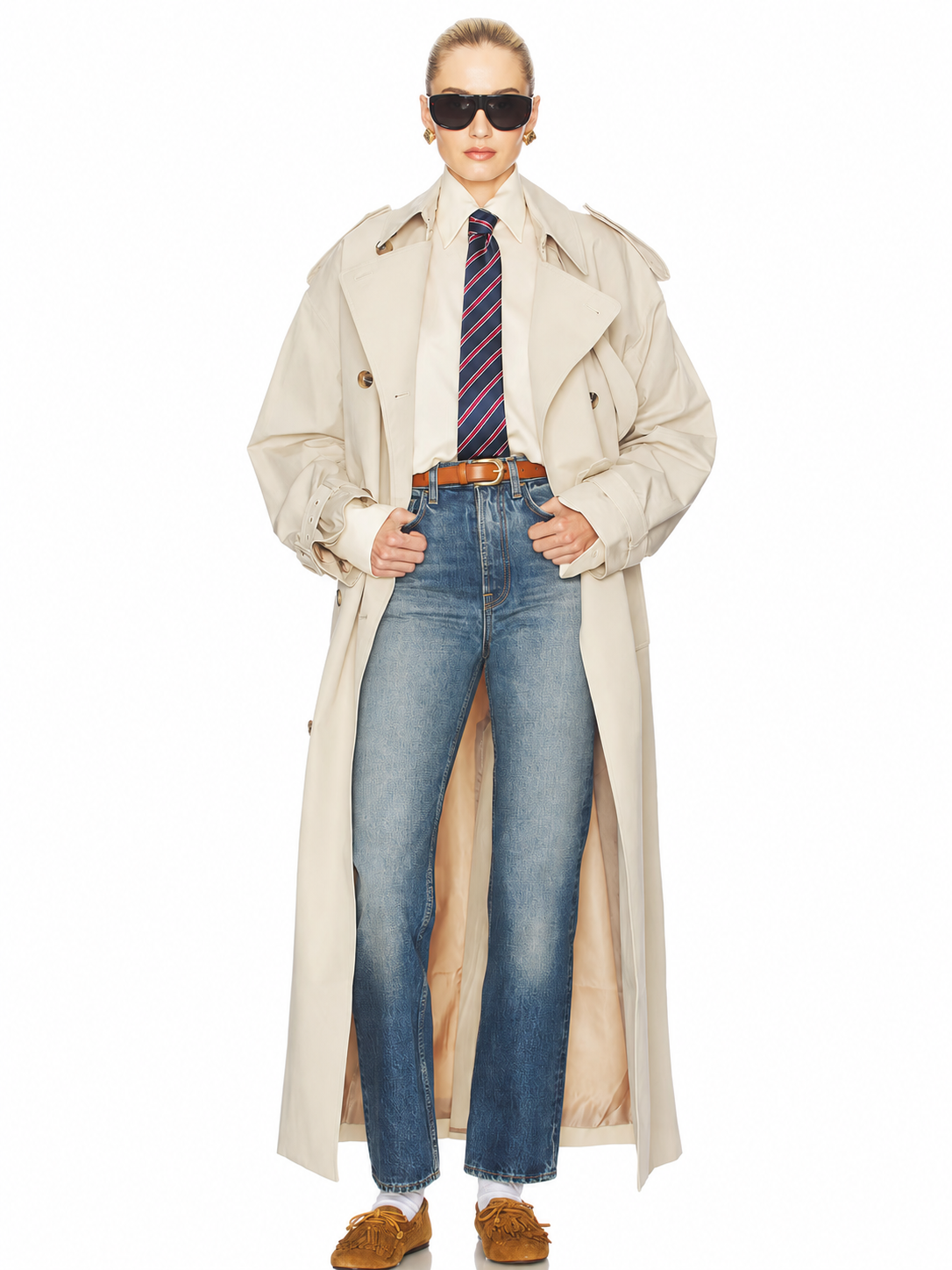 Double-Breasted Belted Long Trench Coat
