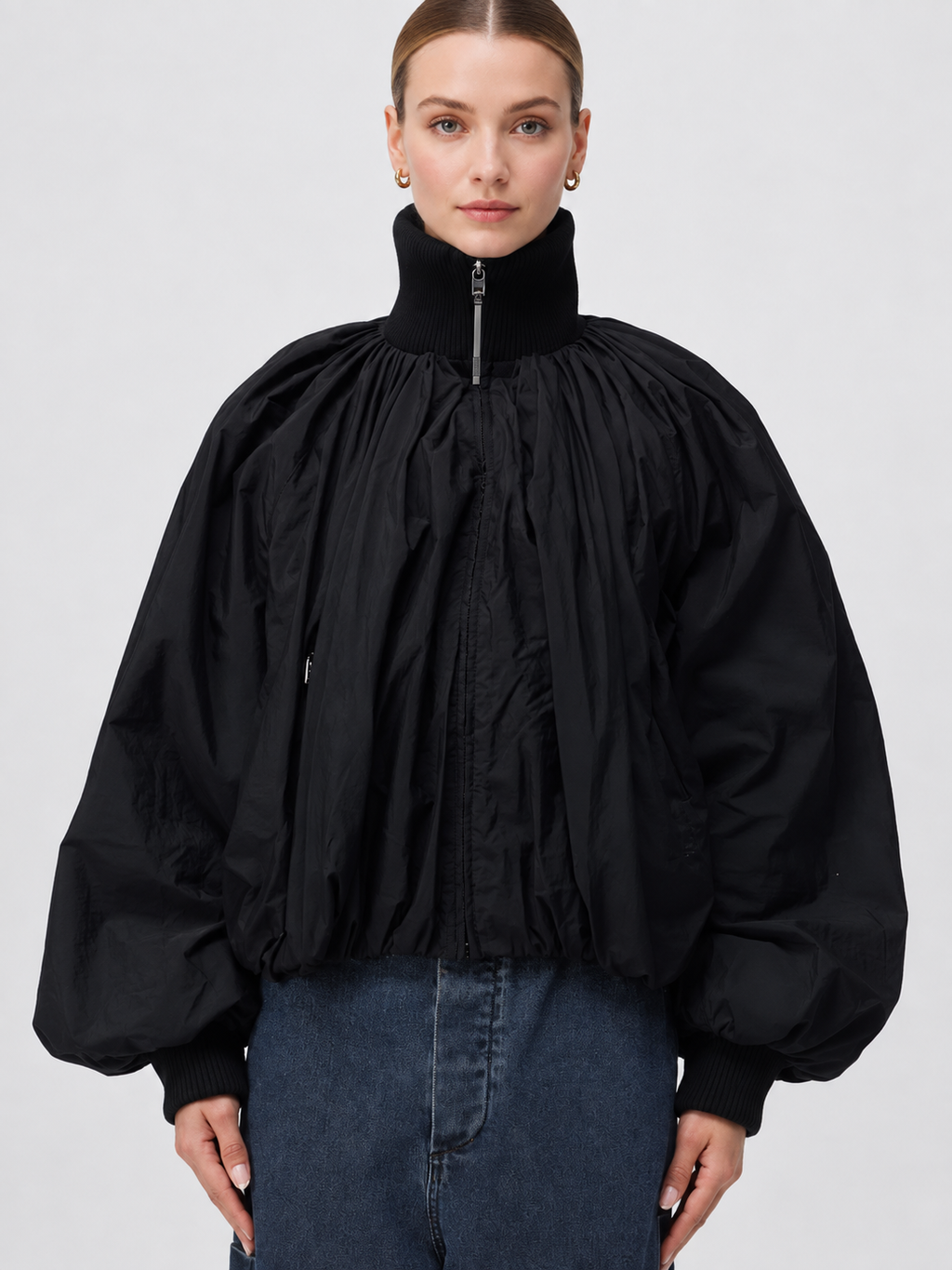 Oversized Balloon Sleeve Zip-Up Jacket