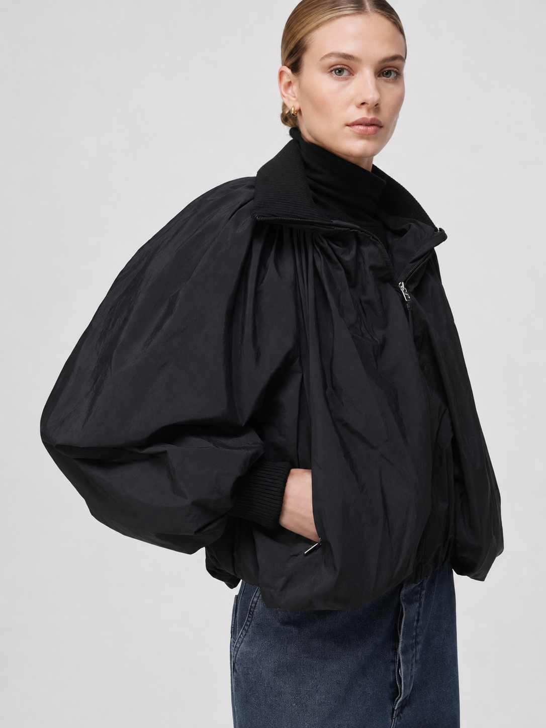 Oversized Balloon Sleeve Zip-Up Jacket