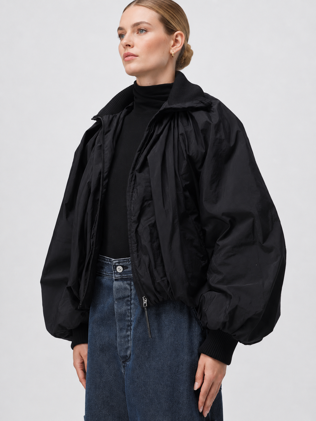 Oversized Balloon Sleeve Zip-Up Jacket