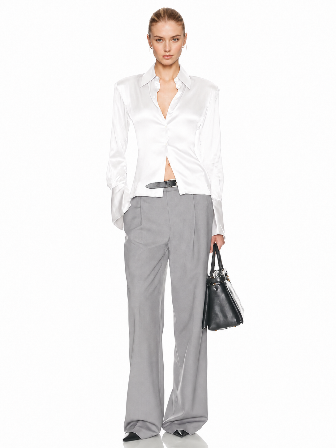 Sculpted Satin Button-Up Shirt
