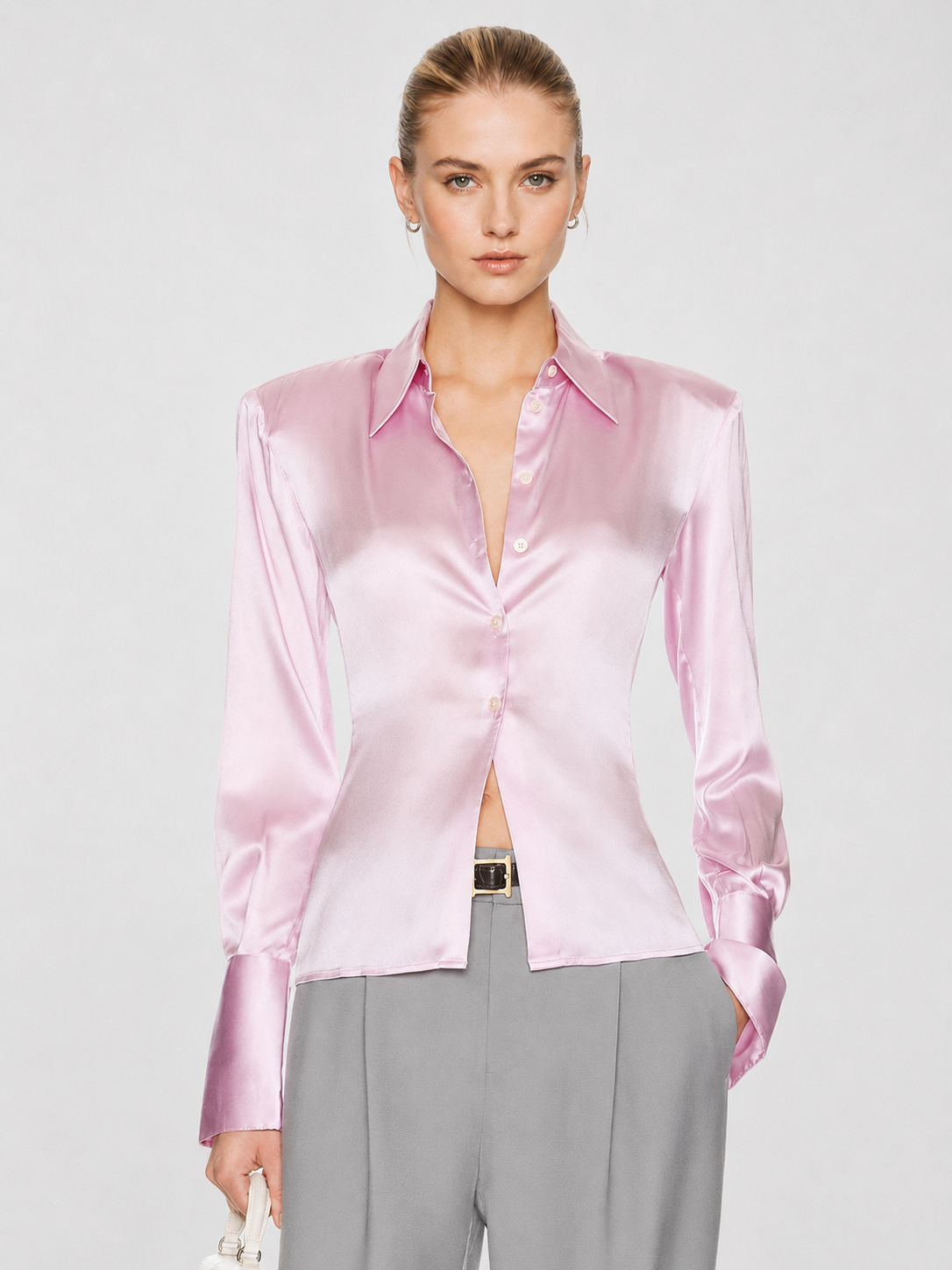 Sculpted Satin Button-Up Shirt