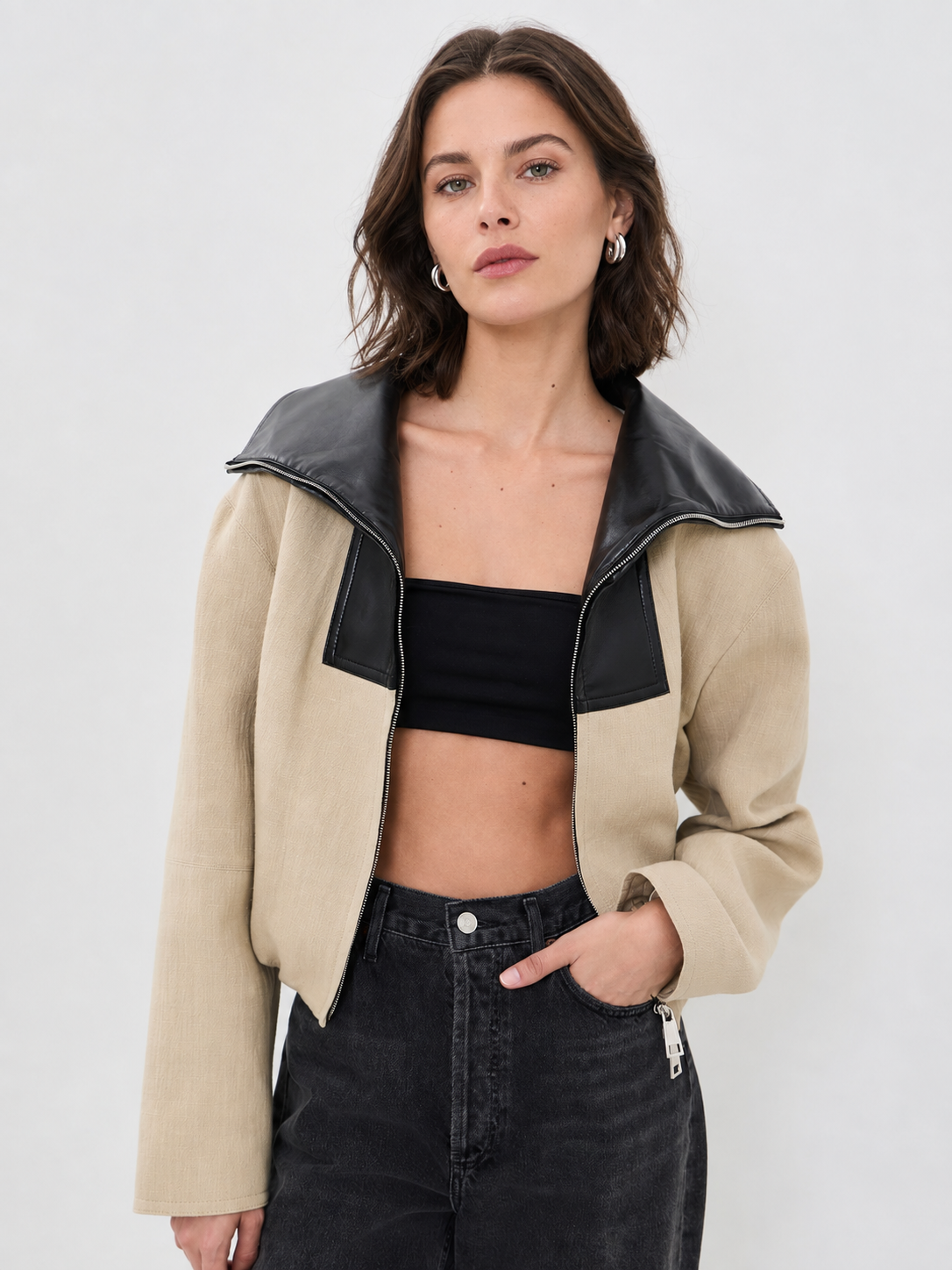 Contrast Leather Collar Cropped Zip Jacket