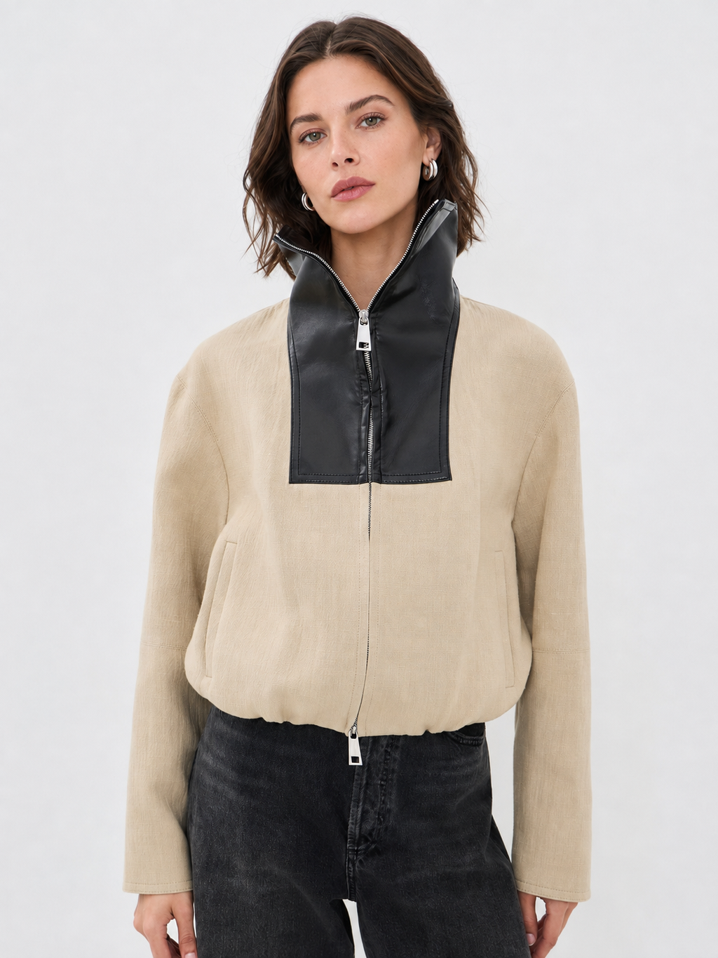Contrast Leather Collar Cropped Zip Jacket