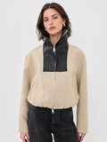Contrast Leather Collar Cropped Zip Jacket
