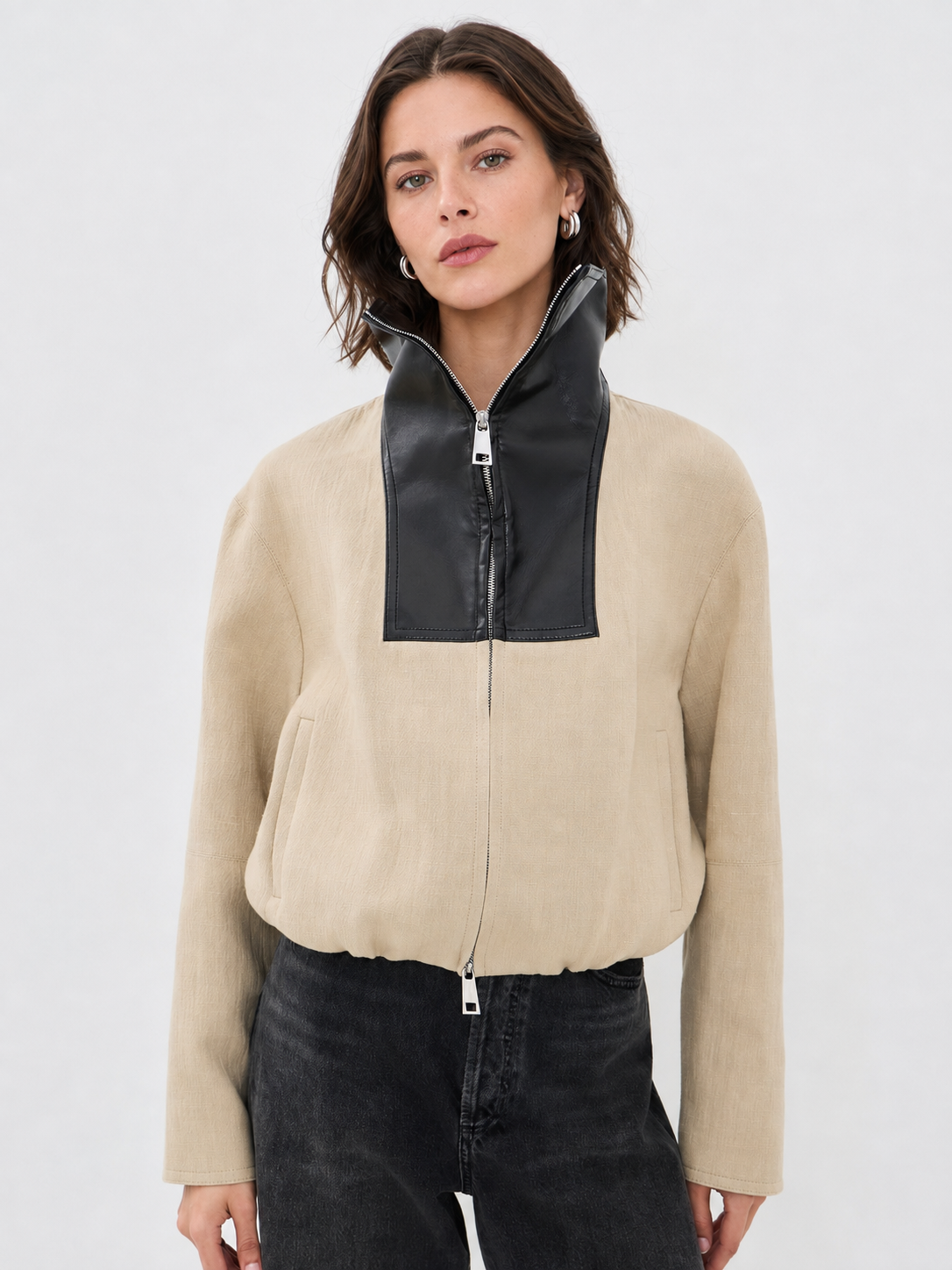 Contrast Leather Collar Cropped Zip Jacket
