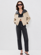Contrast Leather Collar Cropped Zip Jacket