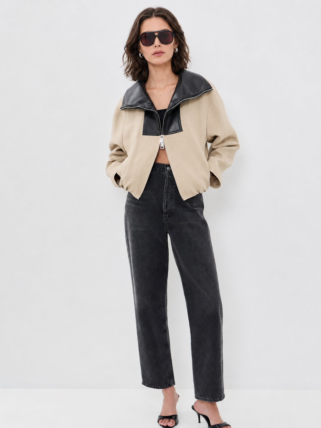 Contrast Leather Collar Cropped Zip Jacket