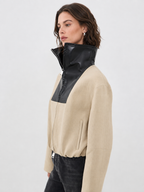 Contrast Leather Collar Cropped Zip Jacket