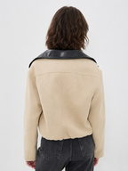 Contrast Leather Collar Cropped Zip Jacket