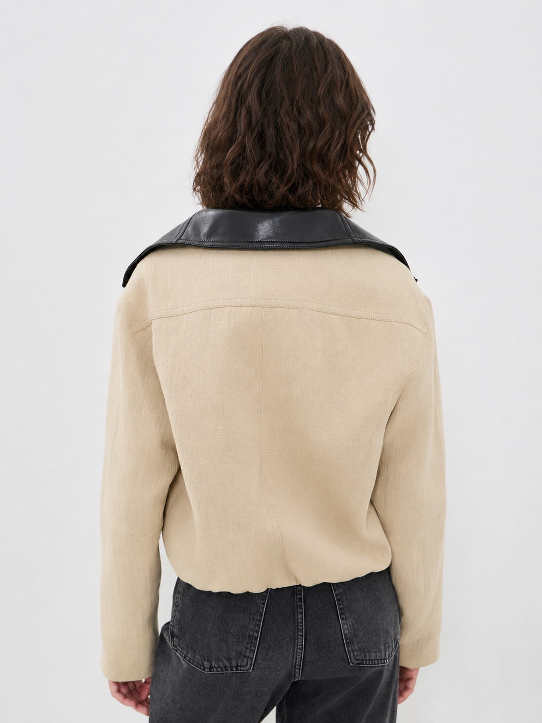 Contrast Leather Collar Cropped Zip Jacket