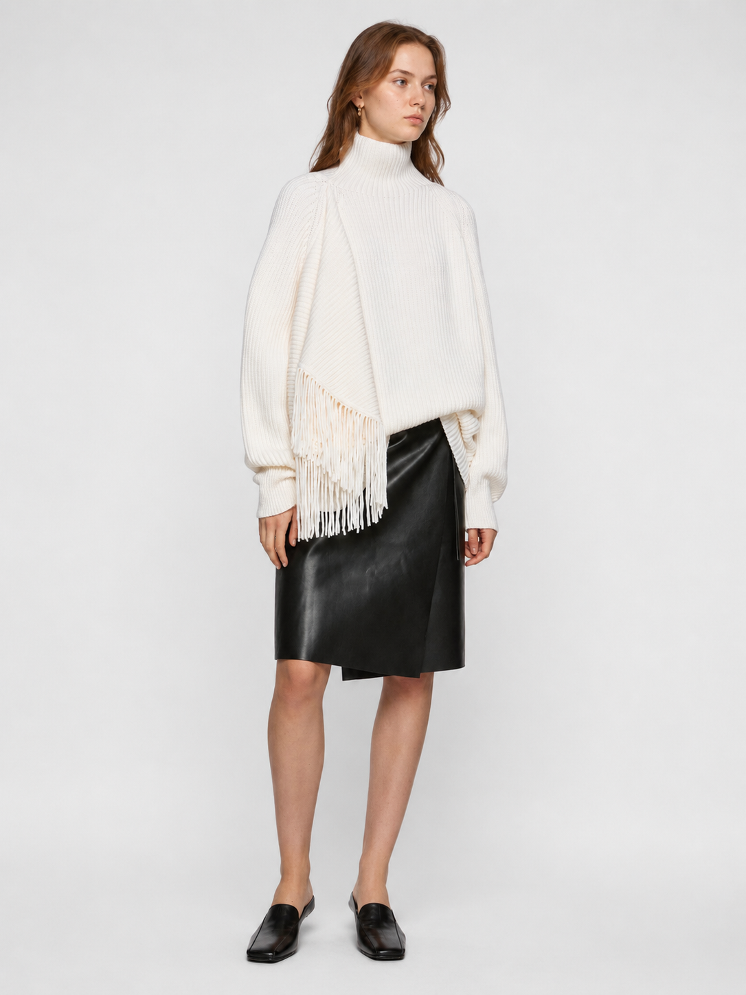 Asymmetric Fringe Turtleneck Knit Sweater