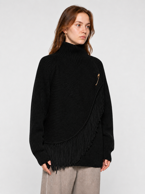 Asymmetric Fringe Turtleneck Knit Sweater