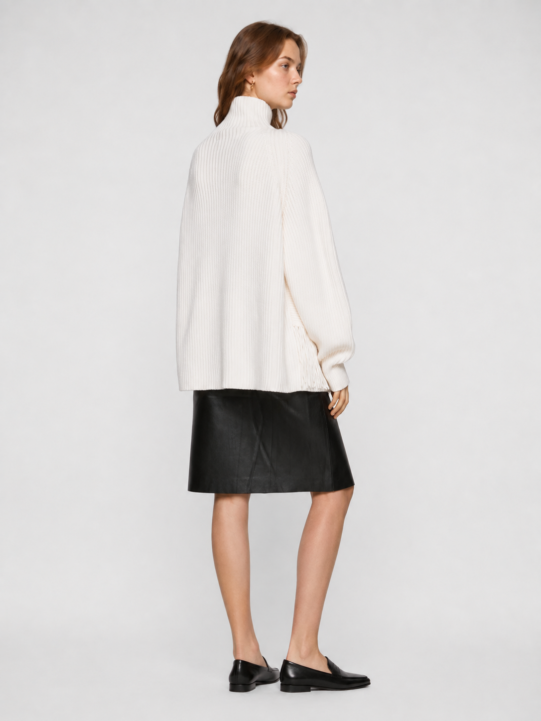 Asymmetric Fringe Turtleneck Knit Sweater