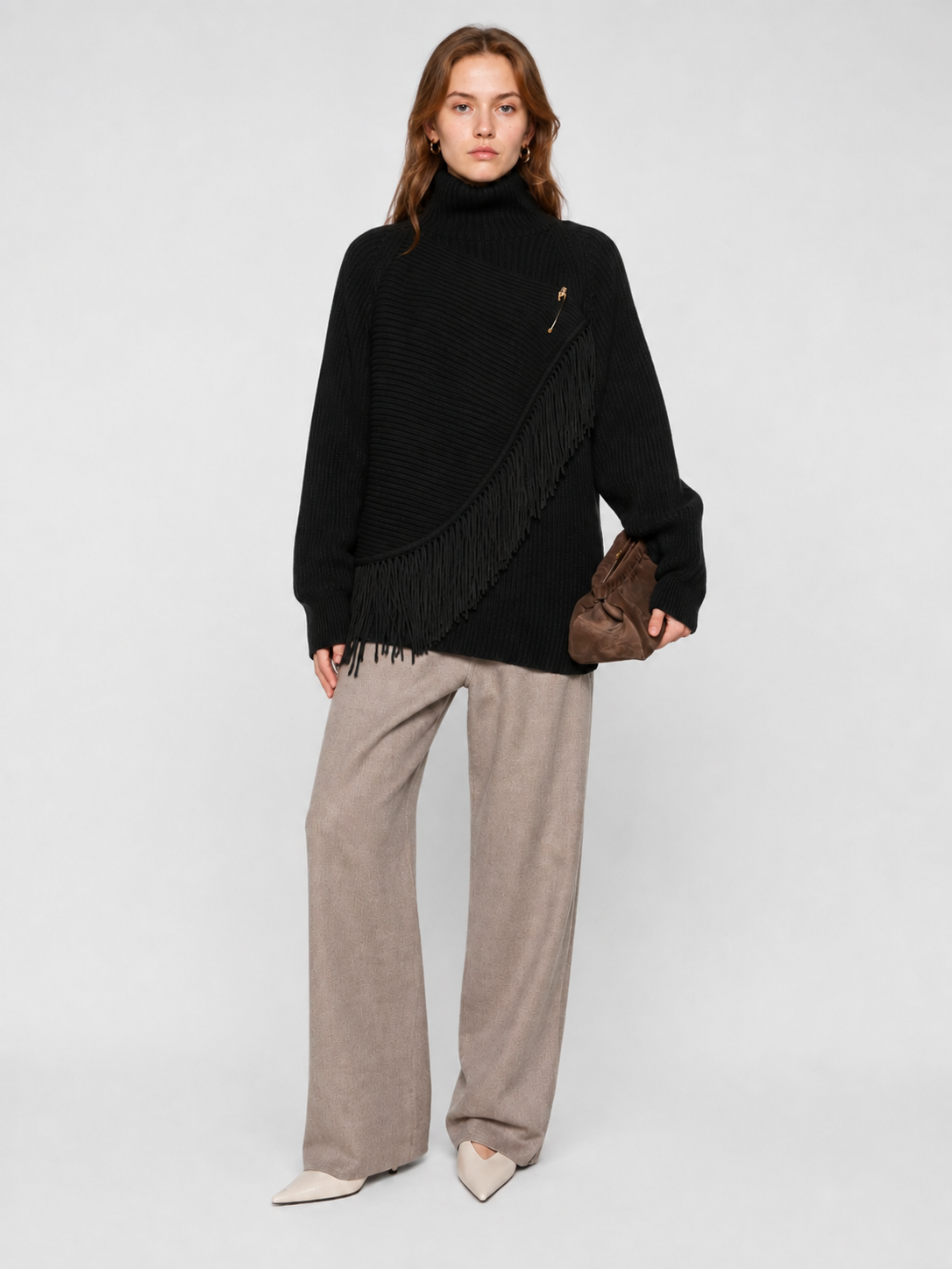 Asymmetric Fringe Turtleneck Knit Sweater