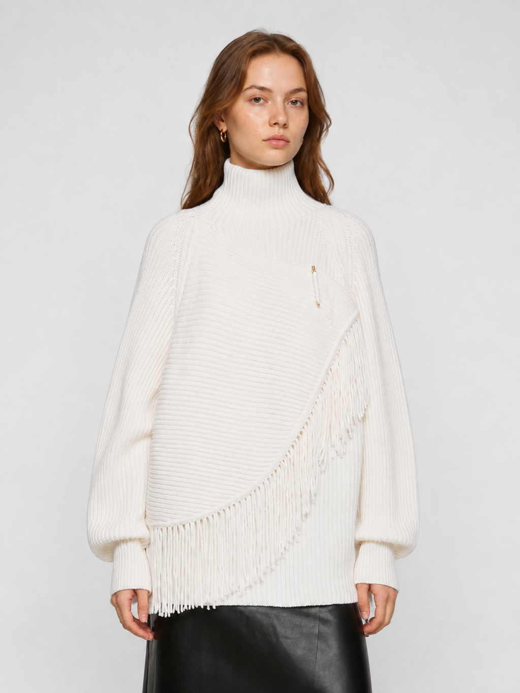 Asymmetric Fringe Turtleneck Knit Sweater