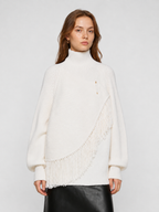 Asymmetric Fringe Turtleneck Knit Sweater