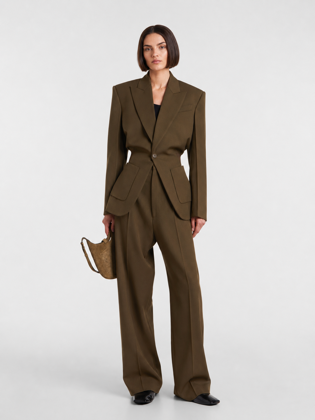 Tailored Cinched-Waist Blazer & Wide-Leg Pants Set