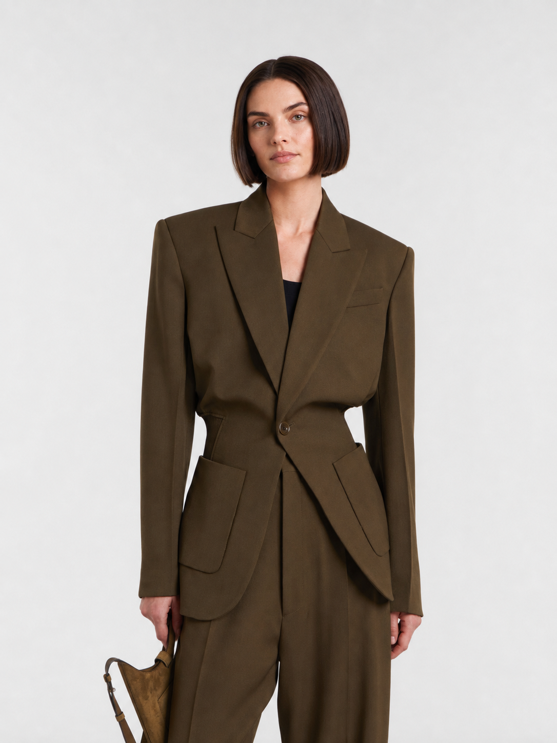 Tailored Cinched-Waist Blazer & Wide-Leg Pants Set