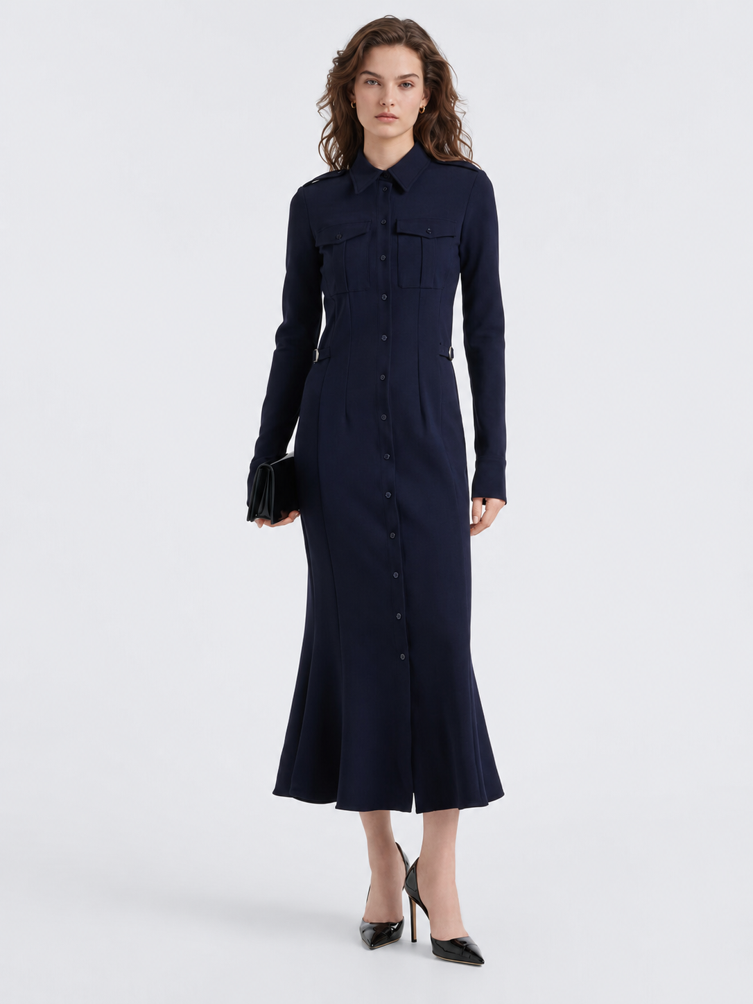 Navy Utility Button-Front Maxi Shirt Dress