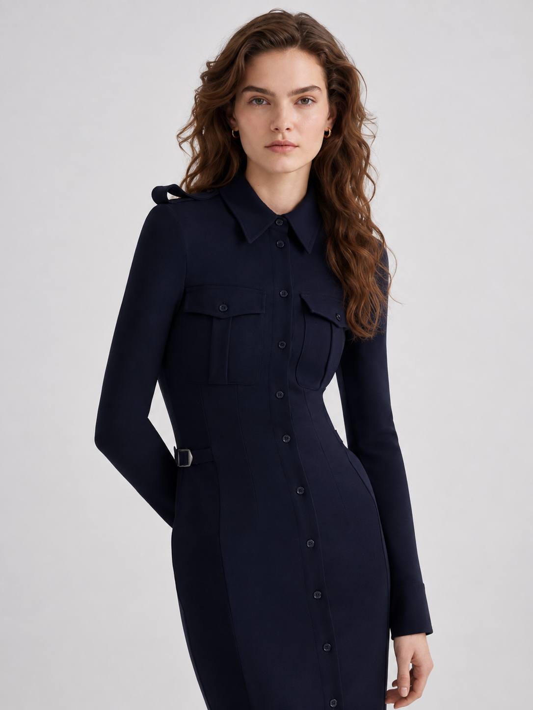 Navy Utility Button-Front Maxi Shirt Dress