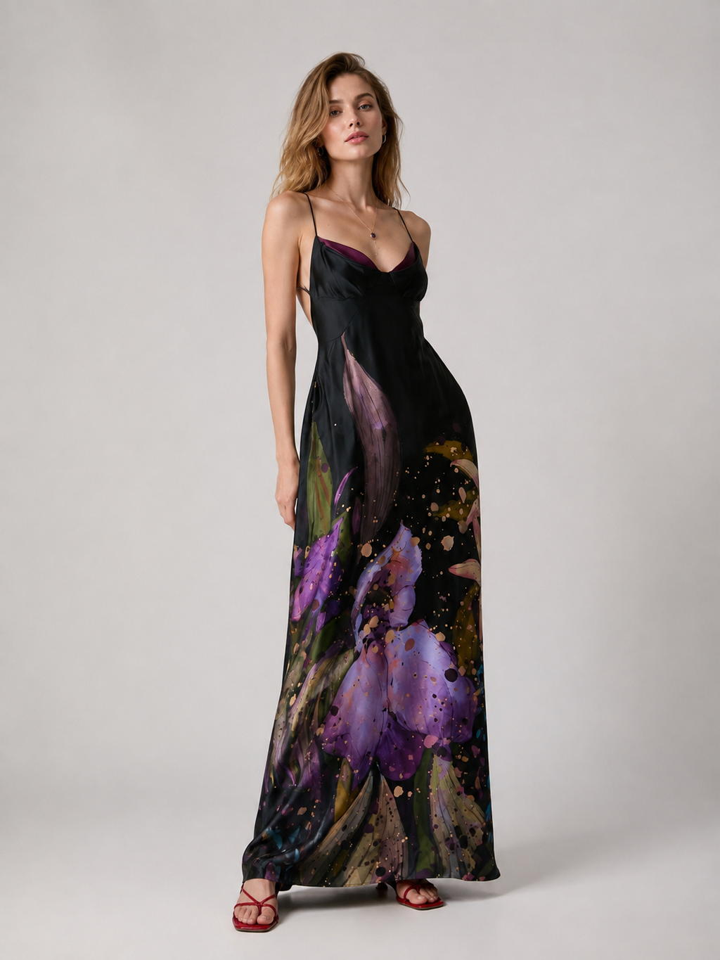 Floral Print Open-Back Maxi Dress