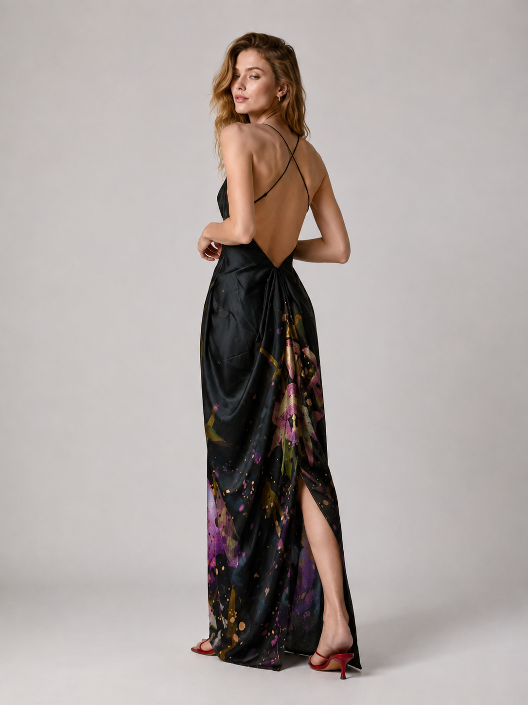 Floral Print Open-Back Maxi Dress