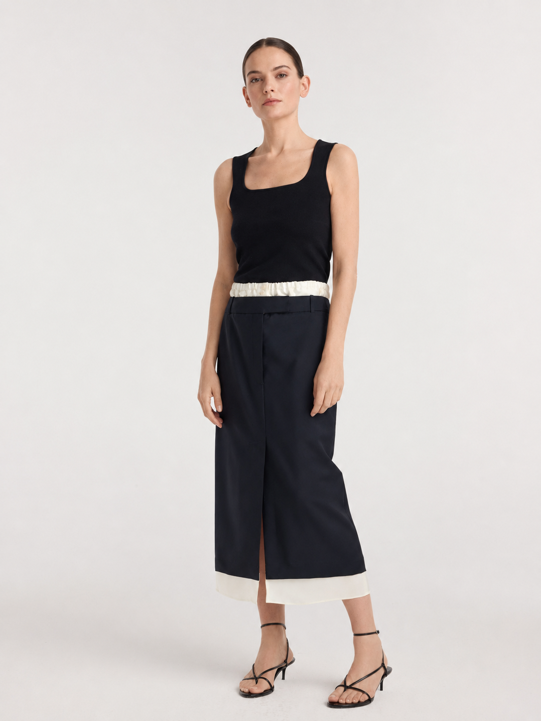 Contrast Layered Waist Midi Skirt