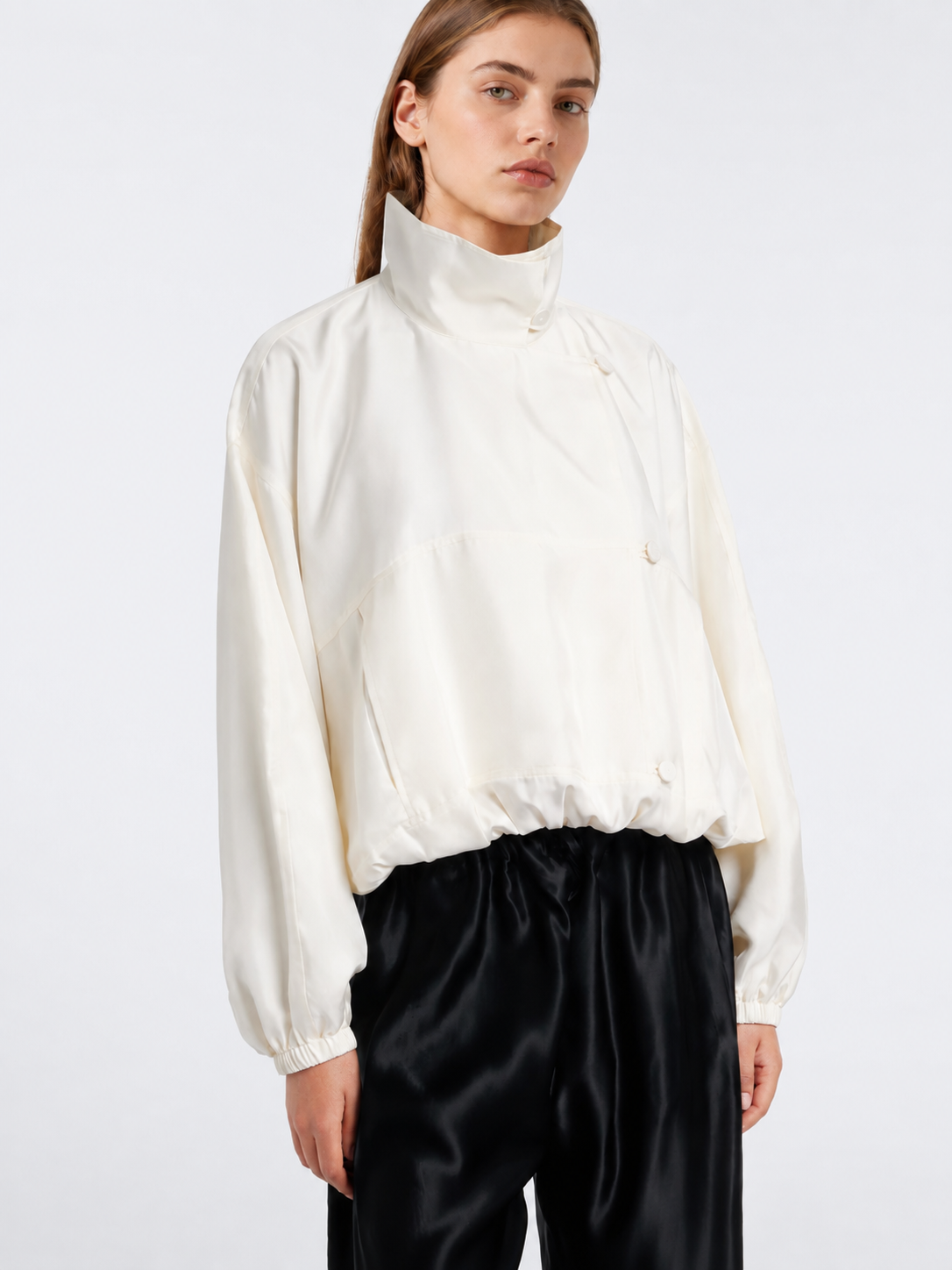 Ivory High-Neck Satin Blouson Jacket