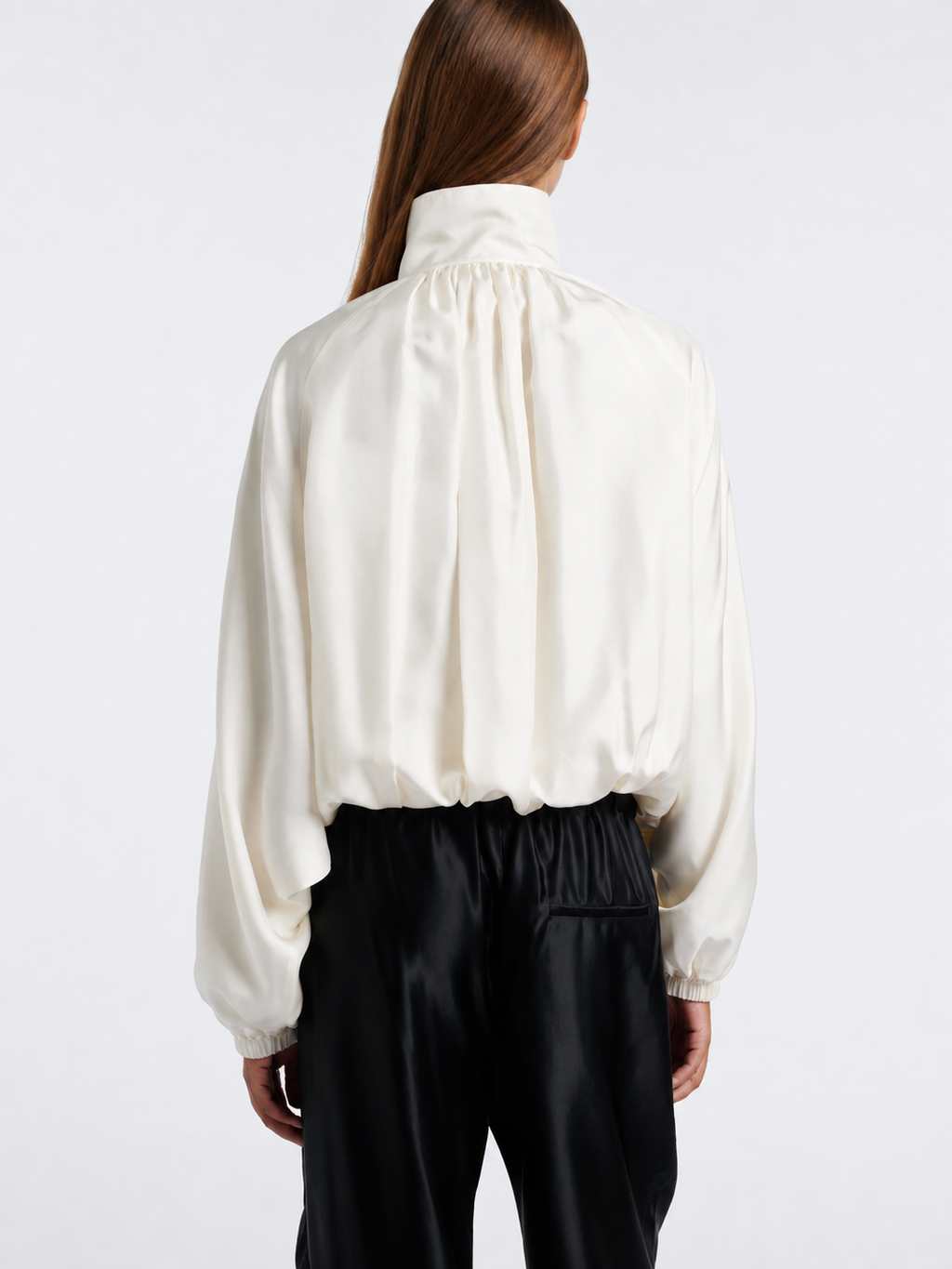 Ivory High-Neck Satin Blouson Jacket