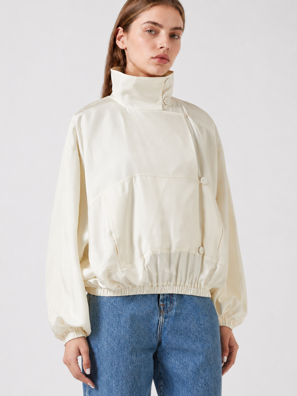 Ivory High-Neck Satin Blouson Jacket