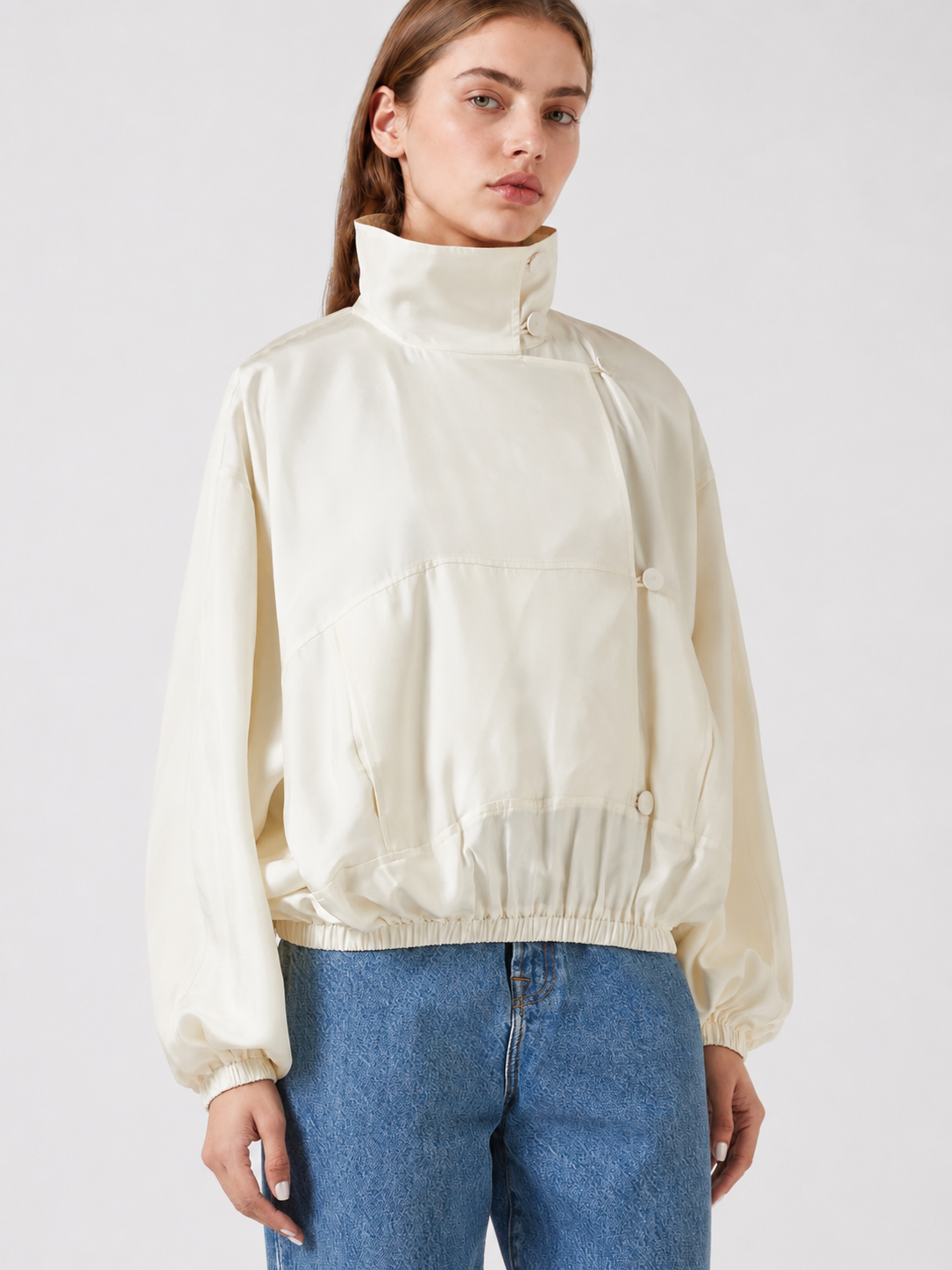 Ivory High-Neck Satin Blouson Jacket