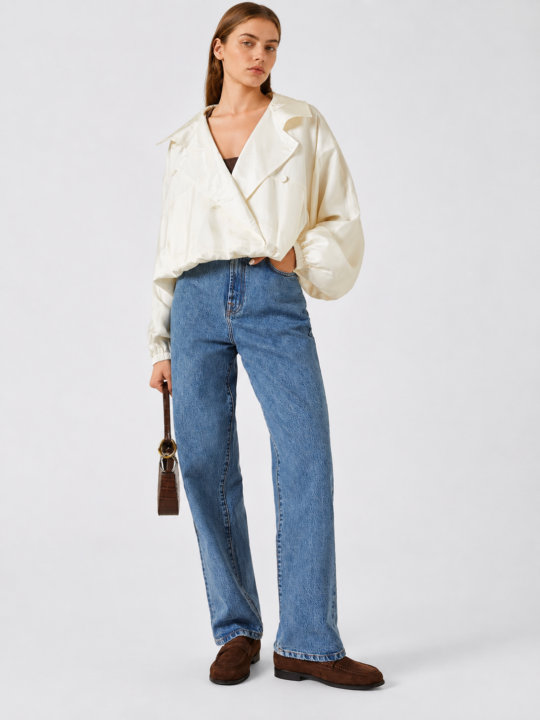 Ivory High-Neck Satin Blouson Jacket