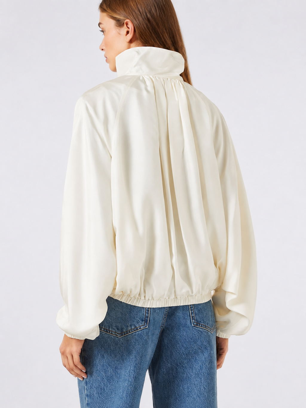 Ivory High-Neck Satin Blouson Jacket