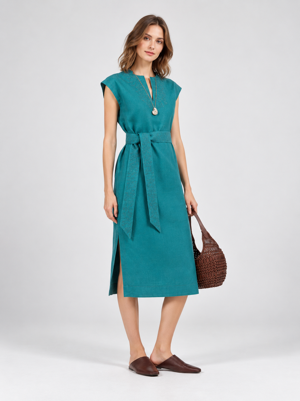 Embroidered Belted Midi Dress